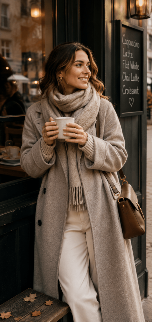 A cheerful woman standing by a cafe window holding a warm mug, wearing a beautifully layered neutral winter outfit.