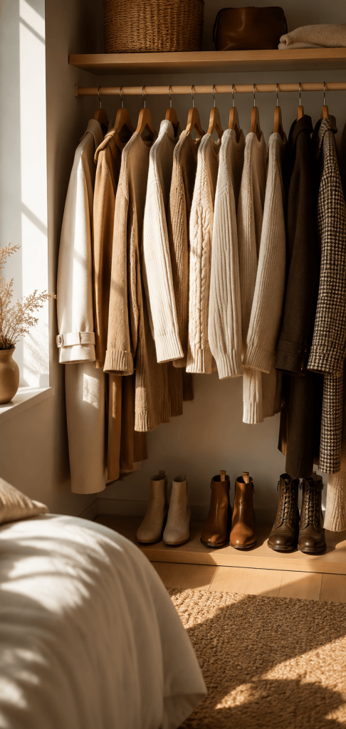 A cozy, sunlit bedroom closet showing a curated selection of neutral sweaters, coats, and boots arranged neatly on wooden hangers