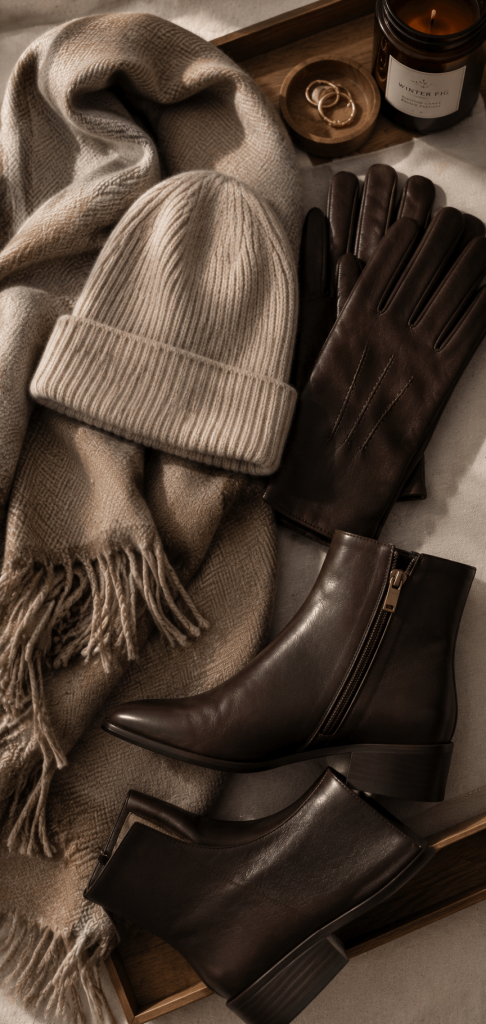 A curated display of winter accessories featuring a neutral cashmere beanie, leather gloves, a wide scarf, and structured leather boots
