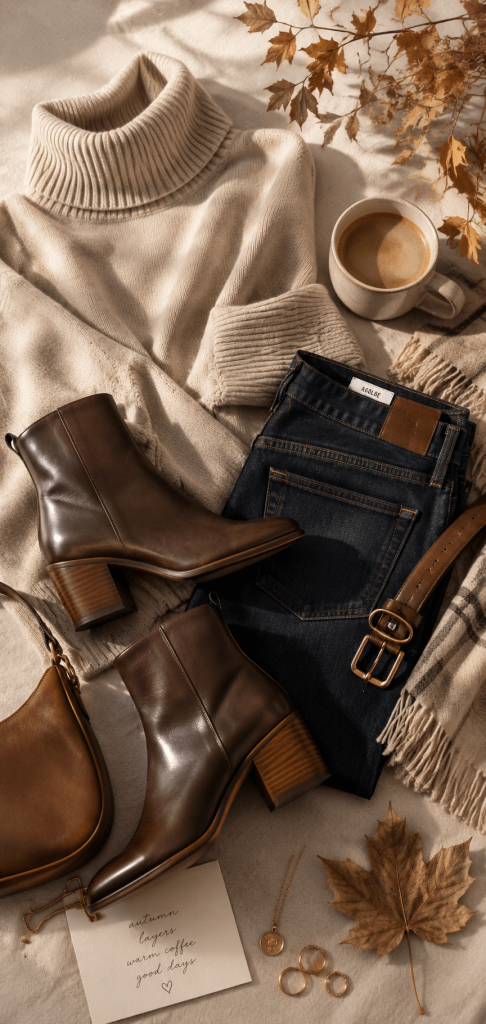 A flat lay collage of autumn closet essentials including a beige turtleneck, dark wash denim, and leather ankle boots next to a warm cup of coffee