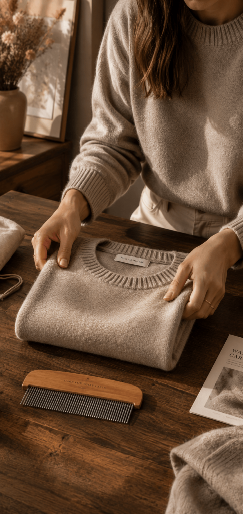 A woman neatly folding a high-quality knit cashmere sweater at a wooden table with a fabric comb nearby.