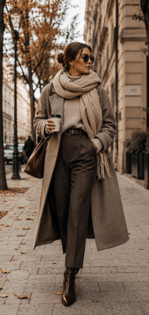 A woman walking down a city street wearing a layered outfit with a long wool coat a chunky knit scarf and structured trousers