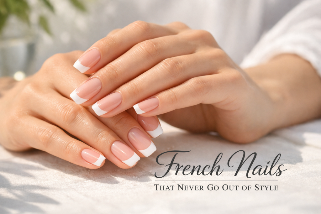 Close-up of a woman’s hands with a classic french manicure, holding a warm porcelain mug while wearing a soft cream cashmere sweater
