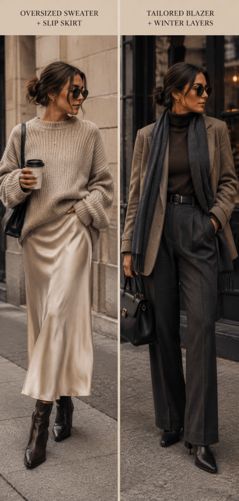 Side-by-side collage of two winter outfits showing a slip skirt with an oversized sweater on the left, and a tailored blazer look on the right.