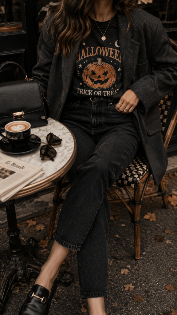 A faceless café-table scene with a softly faded Halloween graphic tee layered beneath a charcoal oversized blazer, black denim, leather loafers, a structured bag, and a coffee cup.