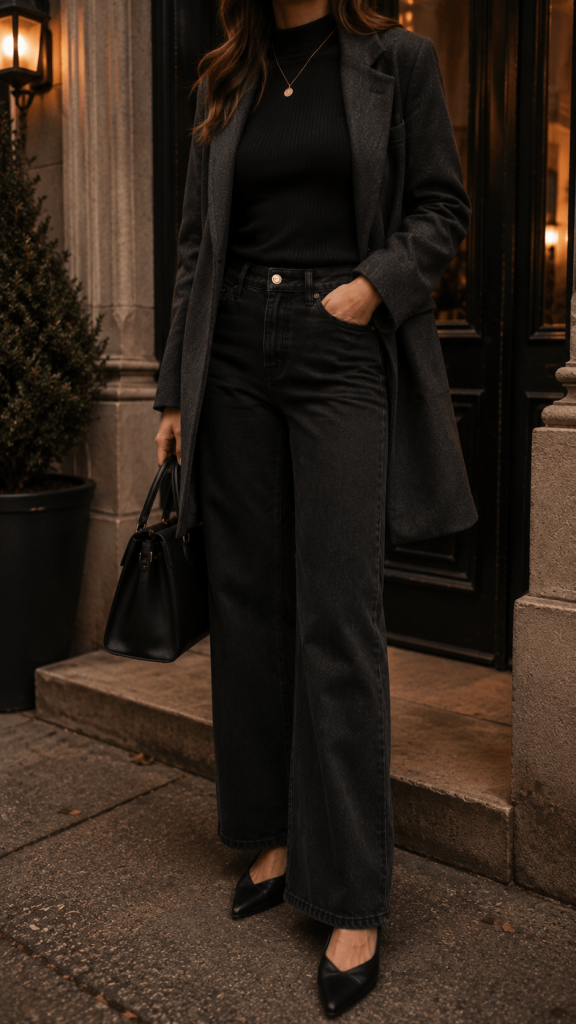 A faceless city-entryway outfit with a fitted black ribbed turtleneck, dark wide-leg jeans, pointed flats, a structured leather bag, and a charcoal coat under soft evening light.