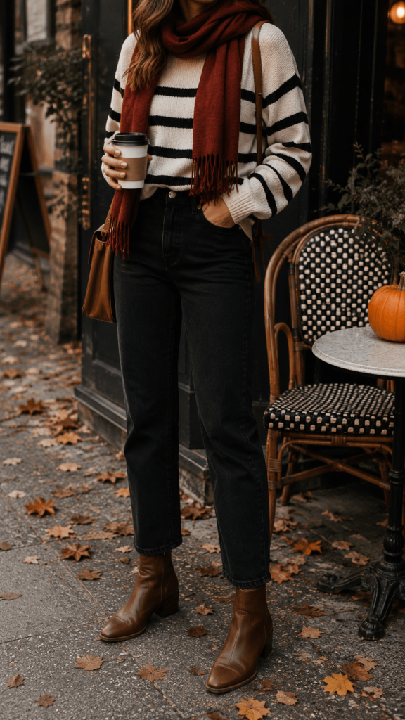 A faceless outdoor outfit featuring black straight-leg jeans, a cream-and-black striped sweater, brown ankle boots, and a rust scarf beside a café chair and a small pumpkin, photographed in natural overcast light.