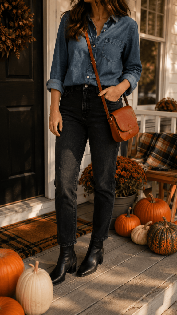 A faceless porch scene with a medium-wash denim shirt, dark jeans, black ankle boots, a rust-orange crossbody bag, and a few naturally arranged pumpkins in late-afternoon light.