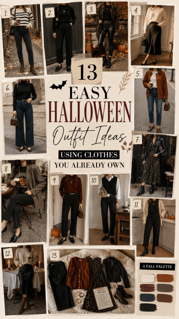 A vertical editorial collage showing all 13 Halloween outfit ideas as distinct faceless looks, arranged with varied frame sizes, handwritten numbers, warm autumn daylight, and a cream, charcoal, rust, burgundy, and espresso color palette.