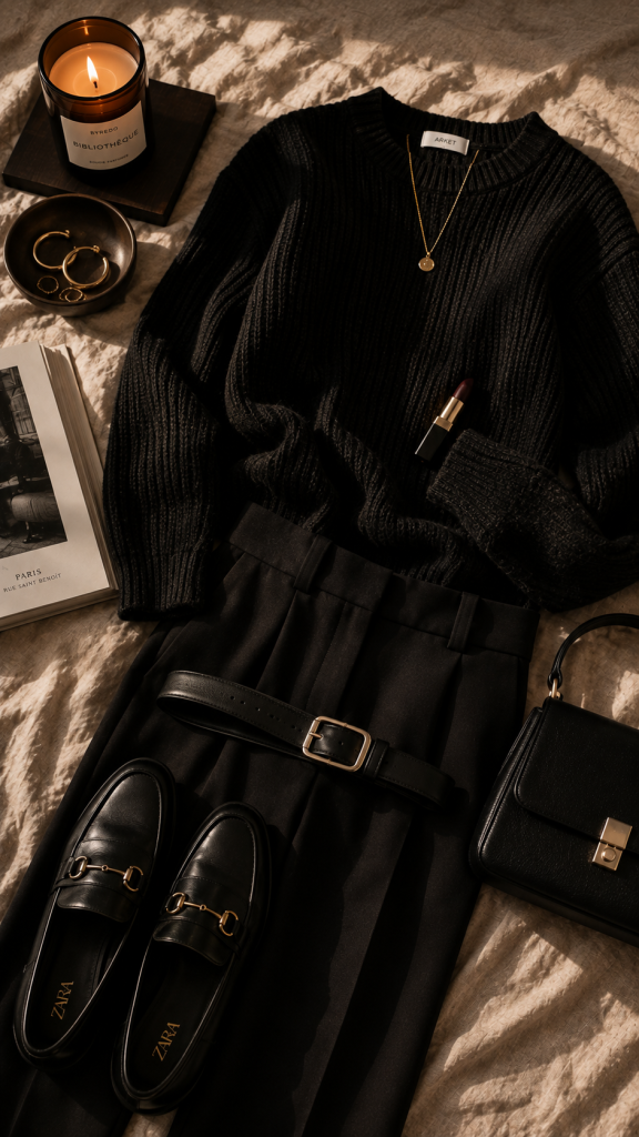 An editorial flat lay of an all-black outfit with a knit sweater, tailored trousers, loafers, leather belt, gold hoops, burgundy lipstick, and subtle candle shadows on rumpled linen.