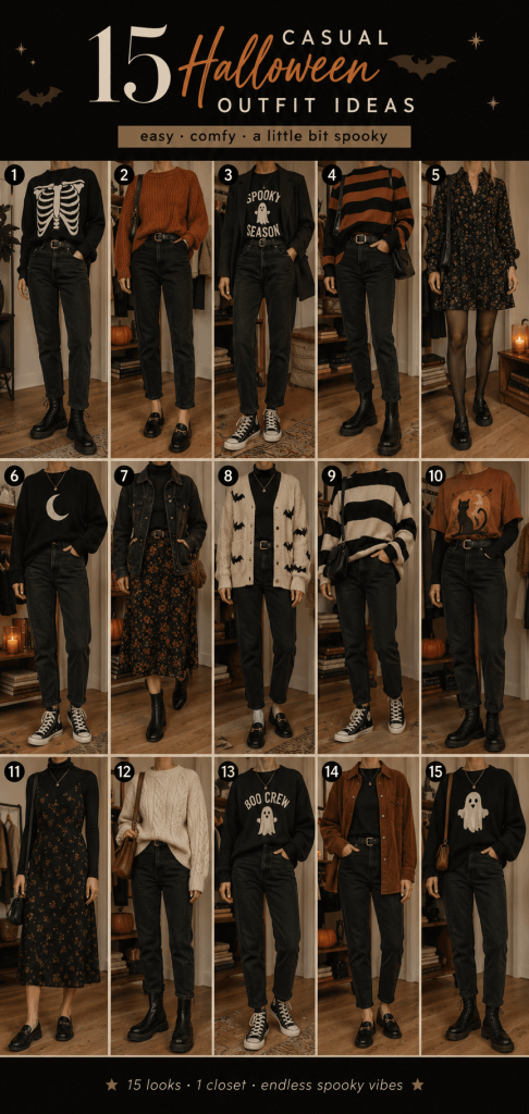a vertical editorial collage of 15 casual Halloween outfit ideas arranged in a lived-in wardrobe setting, featuring black denim, autumn knits, dark florals, loafers, and boots, with no faces visible