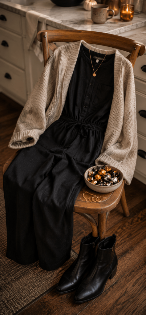 black casual jumpsuit with an oatmeal cardigan, ankle boots, and simple jewelry draped over a kitchen chair beside a bowl of wrapped candy, no person visible