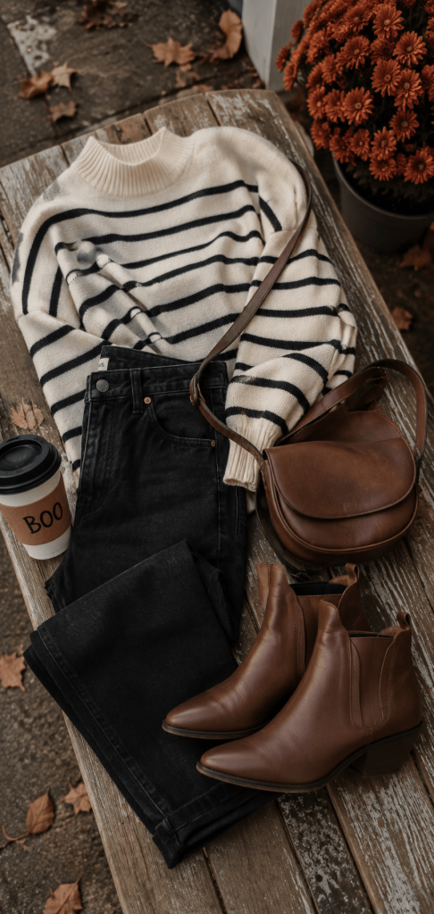 black straight-leg jeans, a cream-and-black striped sweater, brown ankle boots, and a leather crossbody bag arranged beside a coffee cup on a weathered wooden bench, no person or face