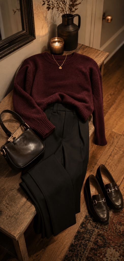 burgundy knit sweater with black tailored trousers, leather loafers, a gold necklace, and a small dark bag arranged in a softly lit apartment entryway