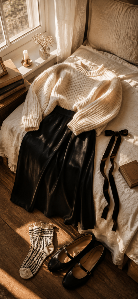 chunky cream sweater with a black midi skirt, black Mary Jane flats, patterned socks, and a velvet ribbon arranged beside a sunlit bedroom window