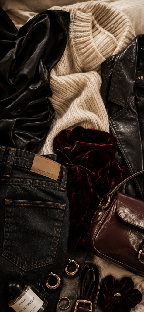 close-up editorial flat lay of satin, chunky cream knit, black leather, velvet, dark denim, and burgundy accessories with natural folds and imperfect styling