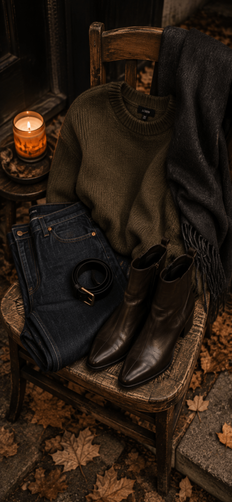 dark denim, olive sweater, espresso ankle boots, black belt, and charcoal scarf arranged on a rustic chair near a softly glowing candle and fallen leaves