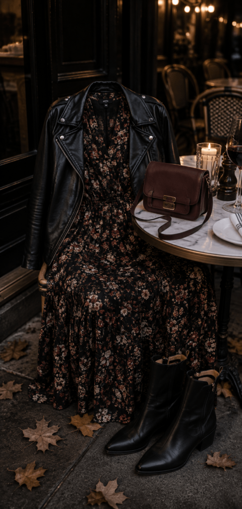 dark floral midi dress, black leather jacket, ankle boots, and a small burgundy bag displayed near an outdoor restaurant table in moody evening light, no model