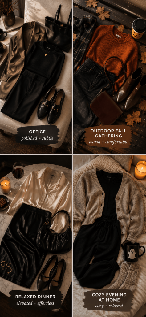four-panel mobile-friendly collage showing a casual Halloween outfit for the office, an outdoor fall gathering, a relaxed dinner, and a cozy evening at home, clothing only with no faces