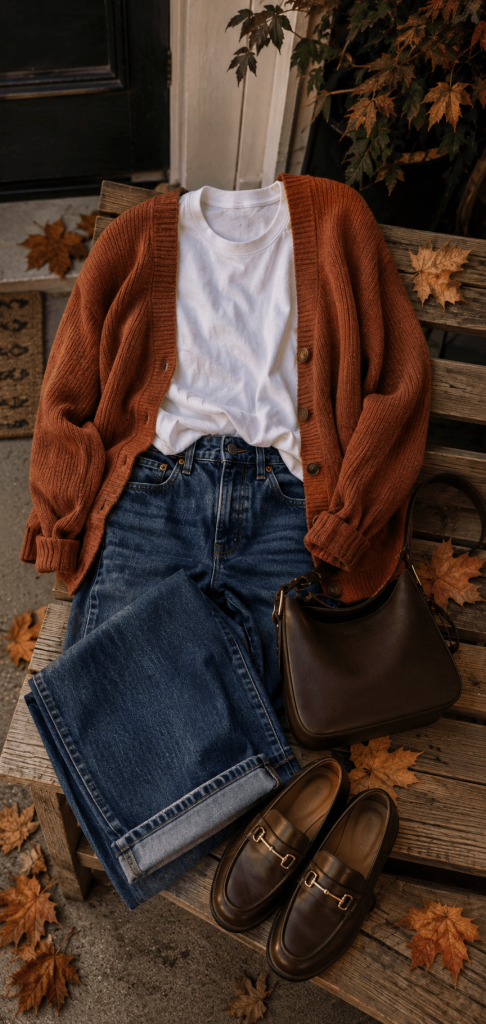 muted pumpkin-orange cardigan, cream tee, black jeans, and loafers arranged on an imperfectly made linen bed with one small pumpkin and natural morning shadows