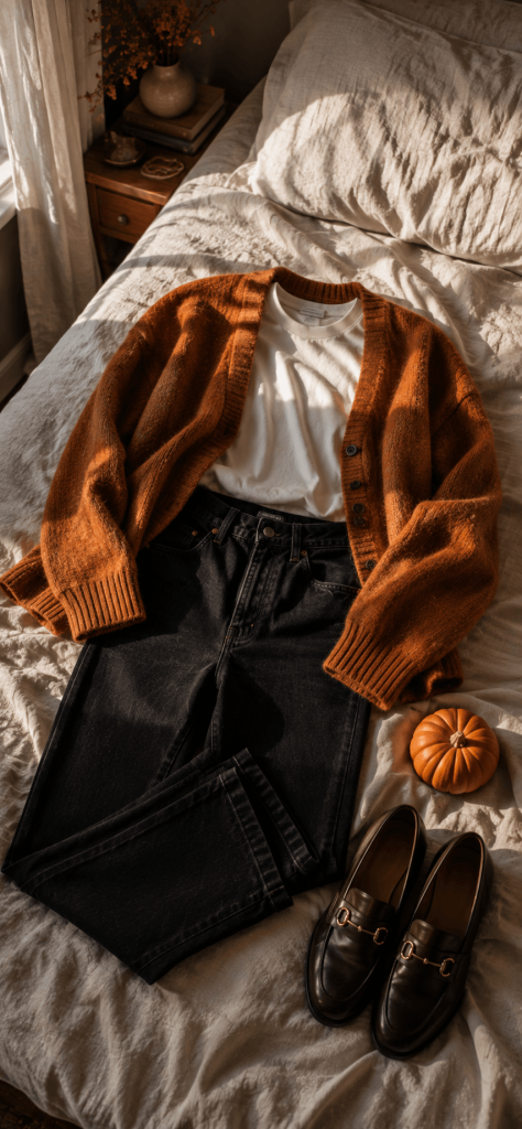 rust cardigan layered over a white T-shirt with straight-leg denim, brown loafers, and an espresso leather bag displayed on an entryway bench with scattered autumn leaves