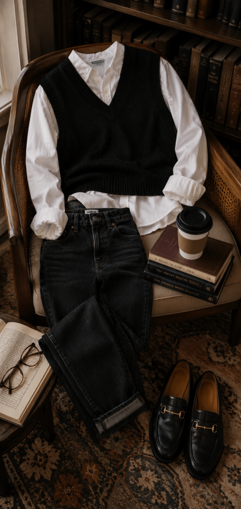 white button-down shirt layered beneath a black sweater vest with dark jeans, loafers, books, and a takeaway coffee arranged in a cozy library corner, clothing only and no face
