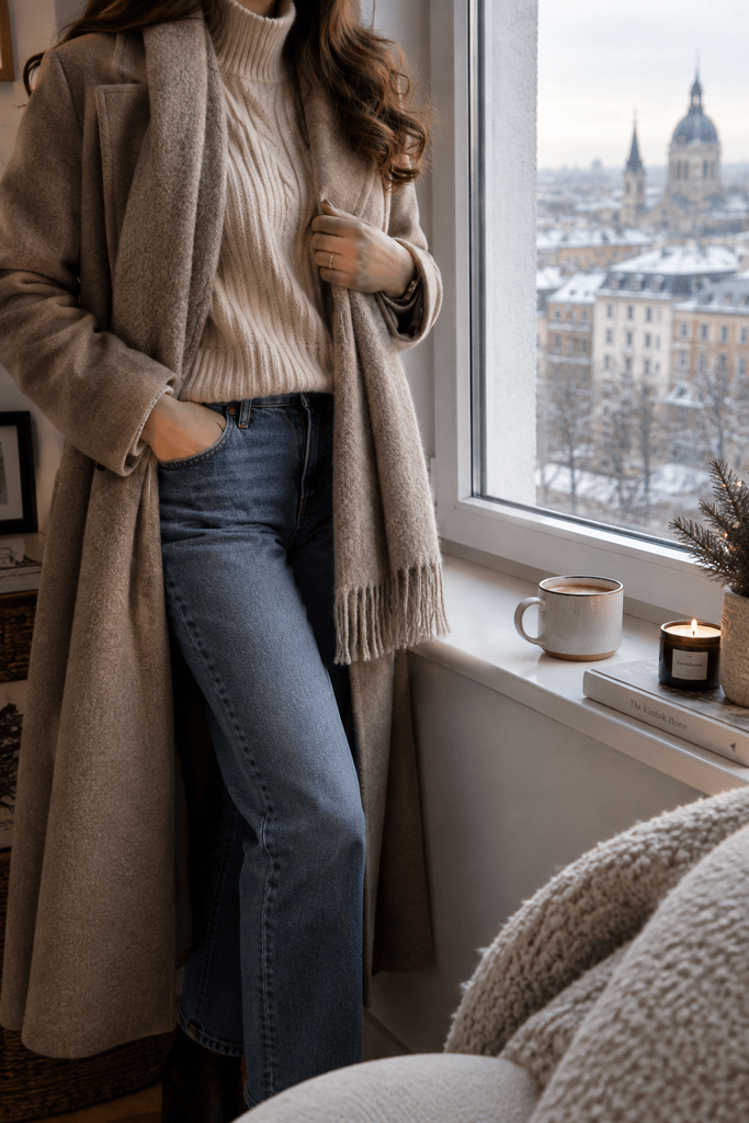 a woman shown from shoulders down standing beside a winter window wearing a long wool coat over a knit sweater and jeans coffee cup on the windowsill