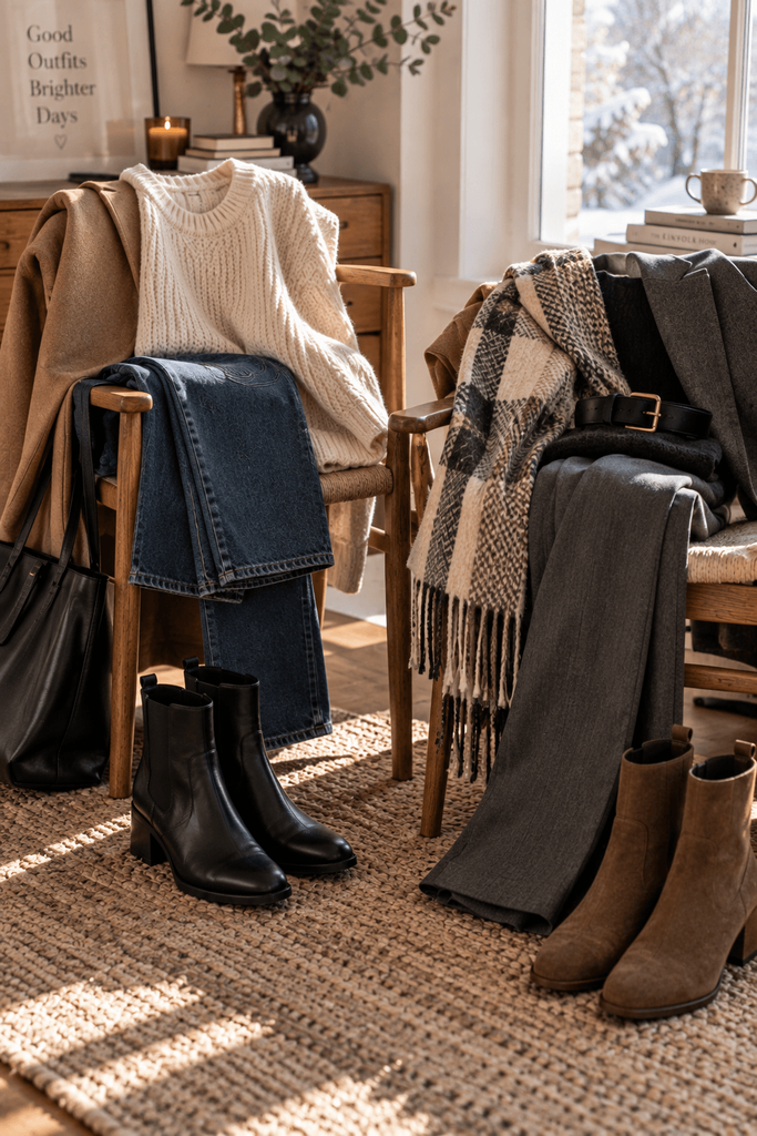 close editorial still life of two winter outfits partially arranged on a chair one with dark denim and a chunky cream knit another with tailored trousers and a textured scarf 1