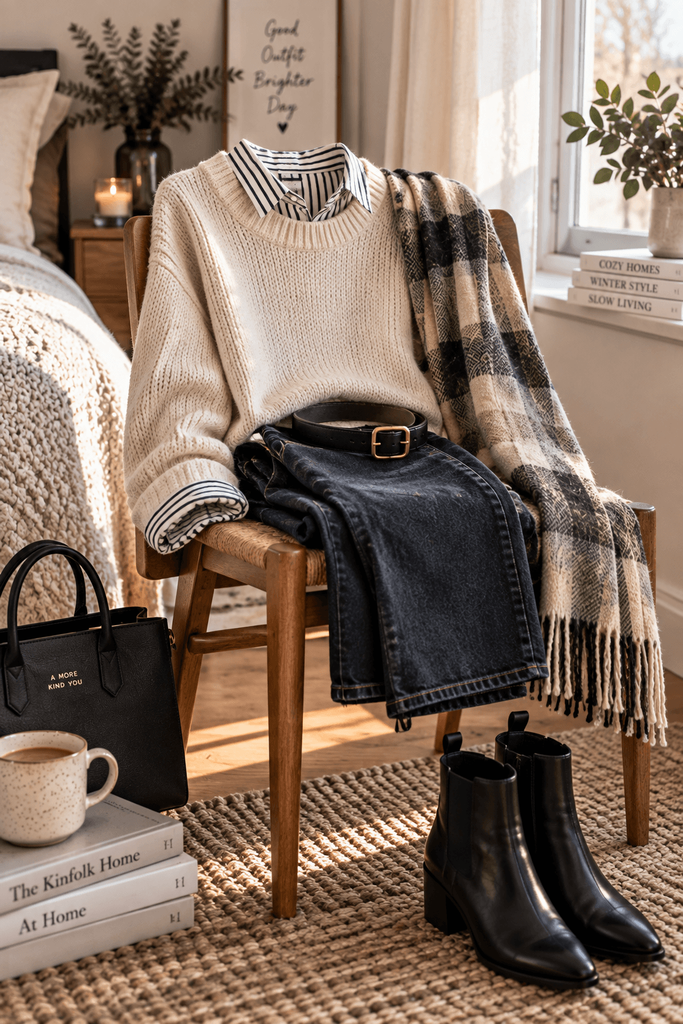 close-up editorial scene of a winter outfit being assembled on a bedroom chair, cream knit sweater over a striped shirt, dark jeans, leather belt, wool scarf and ankle boots nearby, natural window light, realistic fabric textures, no person