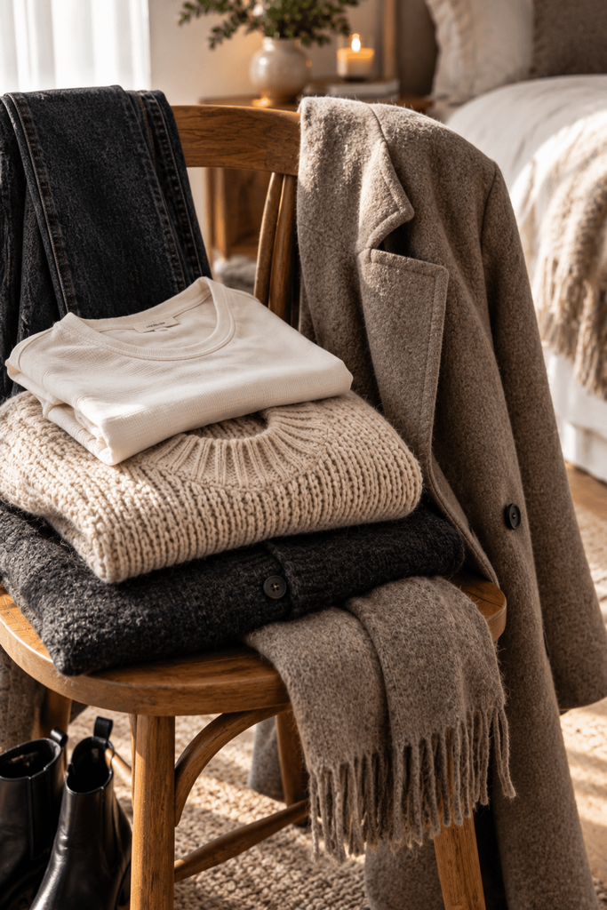 close-up of layered winter clothing on a wooden chair, thin cotton top, textured knit sweater, cardigan and wool coat arranged casually, warm natural daylight, editorial lifestyle photography, no person