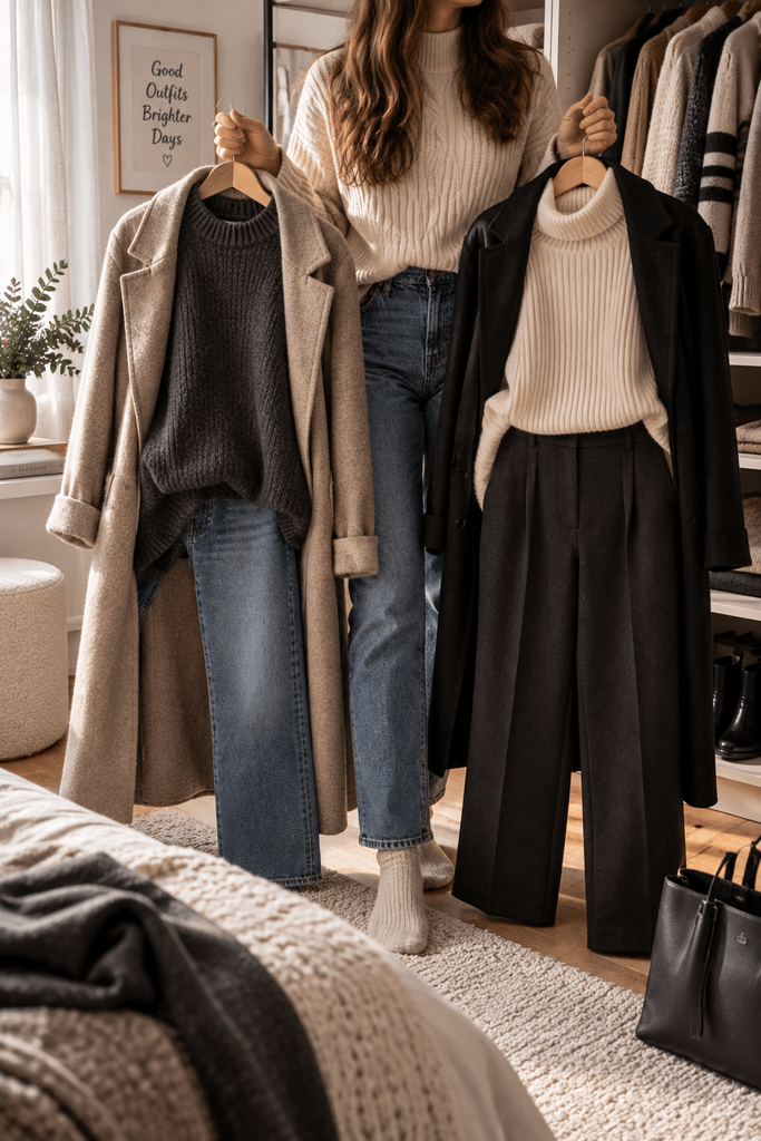 faceless woman from shoulders down choosing between two winter outfits in front of an open wardrobe, jeans and trousers paired with knit sweaters and coats, natural bedroom light