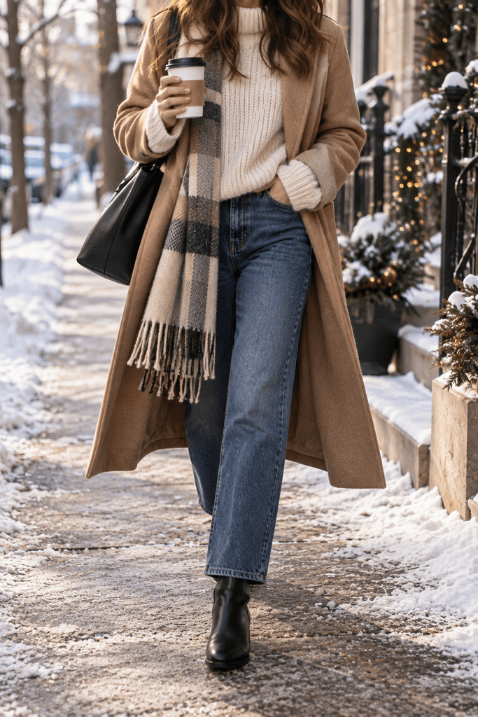 faceless woman from shoulders down walking through a quiet winter neighborhood wearing straight-leg denim, oversized cream sweater, long wool coat and ankle boots, coffee cup in one hand, natural candid movement, realistic street-style editorial photography, no face visible