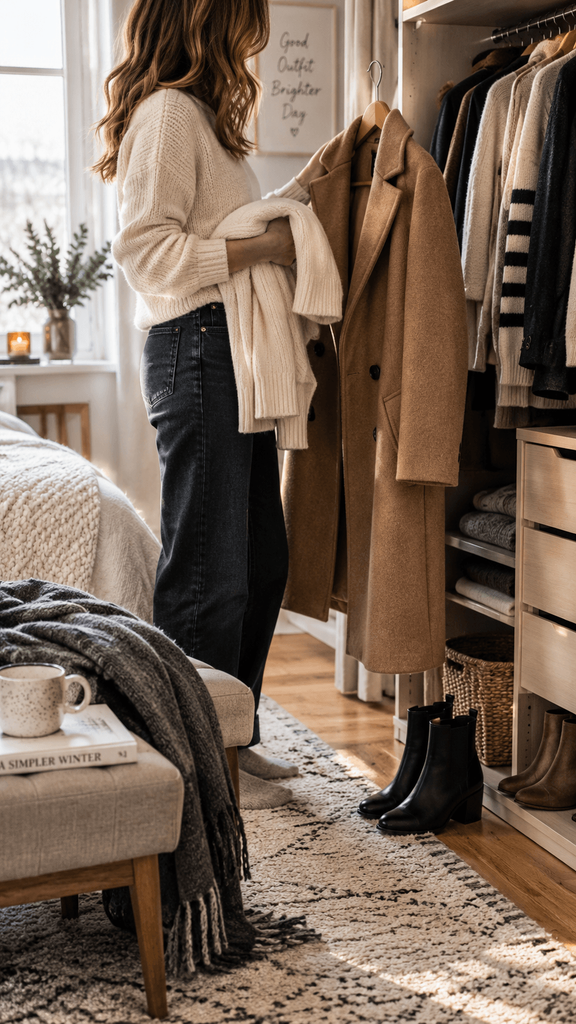 faceless woman shown from shoulders down standing in front of an open winter wardrobe, choosing between a camel wool coat, cream sweater, dark denim jeans, and ankle boots, realistic lived-in bedroom, natural morning light, slightly imperfect styling, editorial lifestyle photography, no visible face