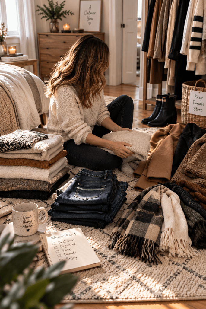 faceless woman sitting on a bedroom floor sorting winter clothing into three loose groups, sweaters, jeans, scarves and coats arranged naturally around her, warm afternoon light, authentic home interior, candid editorial photography, no visible face