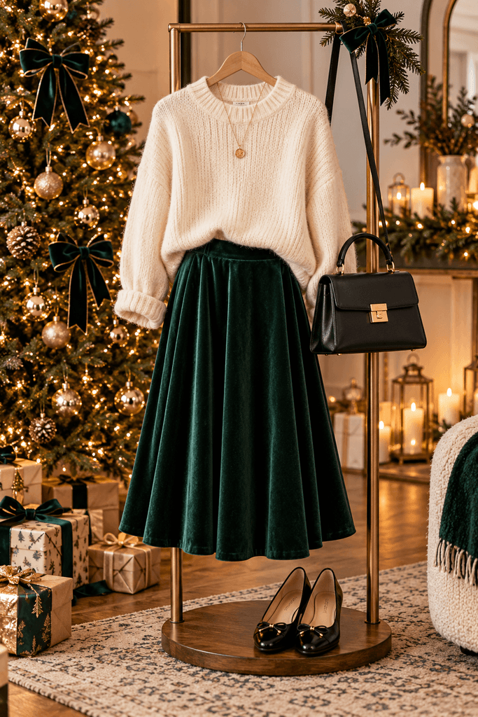 forest green velvet midi skirt styled with an ivory sweater, black ballet flats, and a structured handbag beside a softly decorated Christmas tree