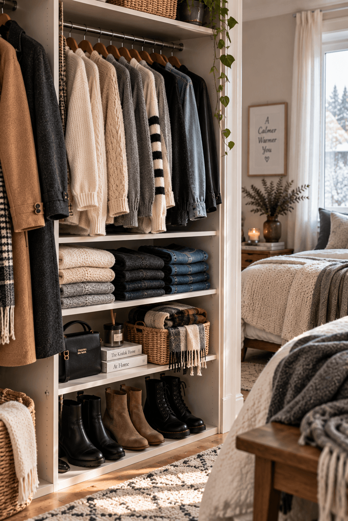 winter bedroom closet organized by everyday use, frequently worn sweaters and denim at eye level, boots underneath, scarves in a simple basket, slightly imperfect but tidy home styling, soft natural afternoon light