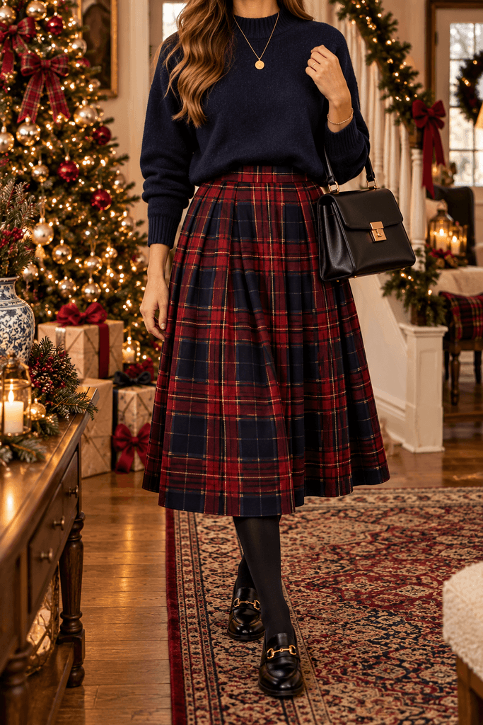 image mobile-friendly burgundy and navy tartan midi skirt with a navy sweater, black tights, loafers, and a simple leather handbag in a traditional Christmas home