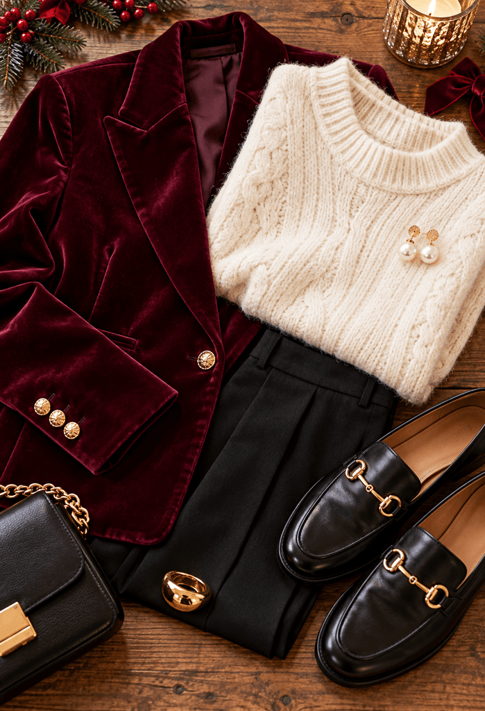 image mobile-friendly close-up flat lay of a burgundy velvet blazer, ivory knit top, pearl earrings, black leather shoes, and a small gold accessory arranged naturally on a wooden surface