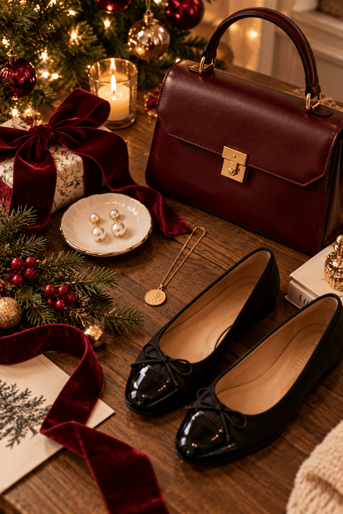 image mobile-friendly editorial accessory arrangement featuring pearl earrings, a burgundy handbag, velvet ribbon, gold necklace, black ballet flats, and a small Christmas branch