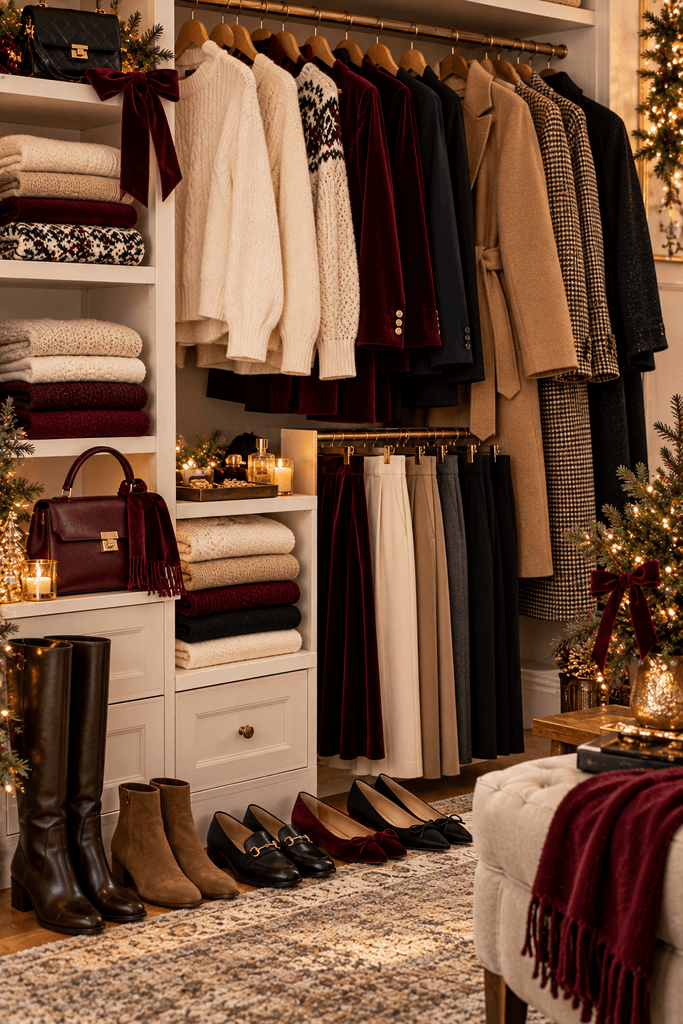 image mobile-friendly neatly organized winter wardrobe with cream sweaters, tailored trousers, velvet pieces, wool coats, and classic shoes, photographed without a person