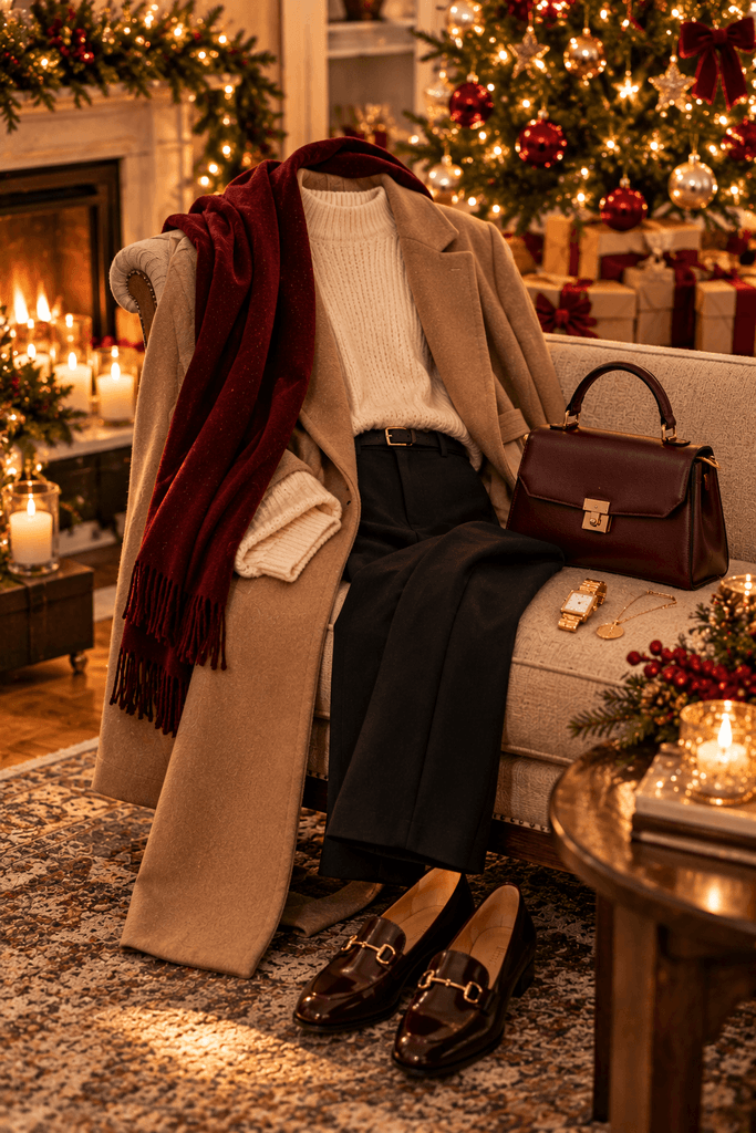 image mobile-friendly warm Christmas evening scene with a classic neutral outfit, burgundy accessory, wool coat, loafers, and softly glowing tree lights, no face visible