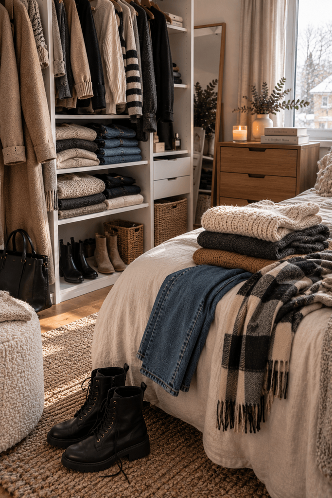 lived-in bedroom with an open wardrobe, folded sweaters, denim, a patterned scarf and everyday boots, slightly imperfect realistic styling, soft winter afternoon light, no people