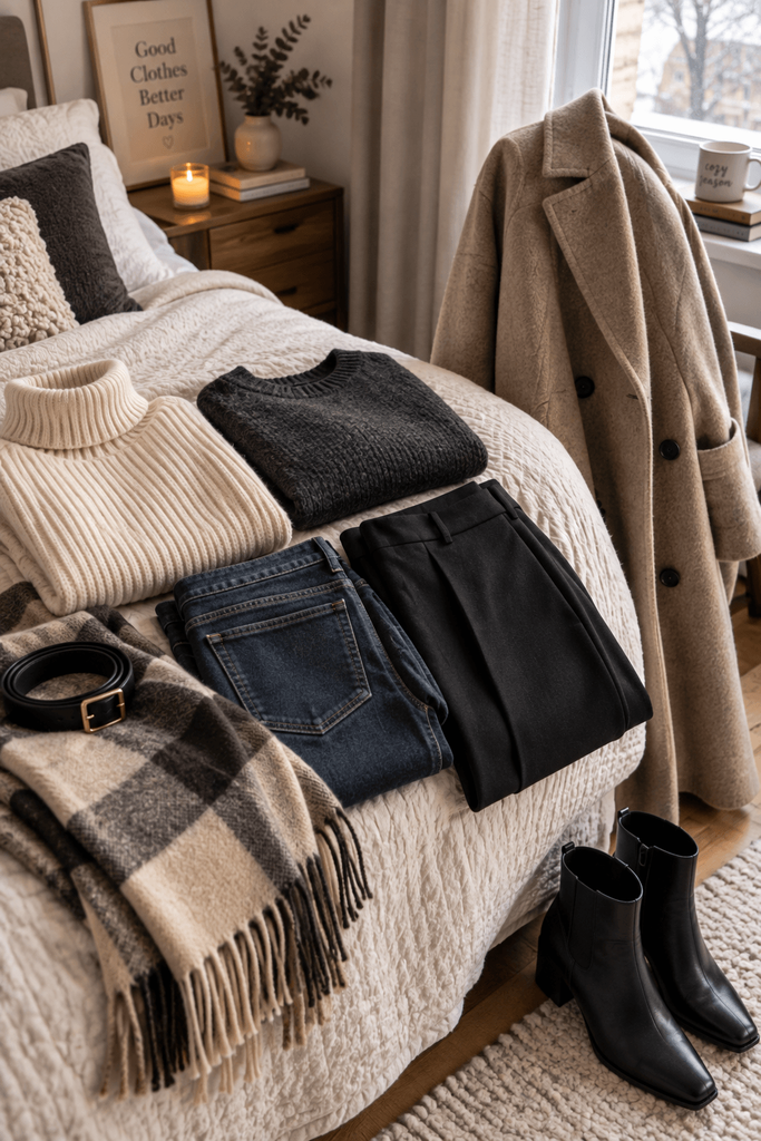 neatly arranged winter wardrobe with cream sweater, charcoal knit, dark denim, tailored trousers, long coat and ankle boots, photographed naturally inside a real bedroom, no person