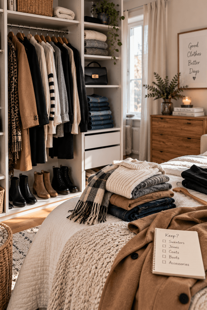 open wardrobe with a realistic mix of winter clothes, several sweaters, denim, coats and boots, with a small neatly folded pile of pieces being reconsidered on the bed, lived-in bedroom, soft daylight, editorial home photography, no people