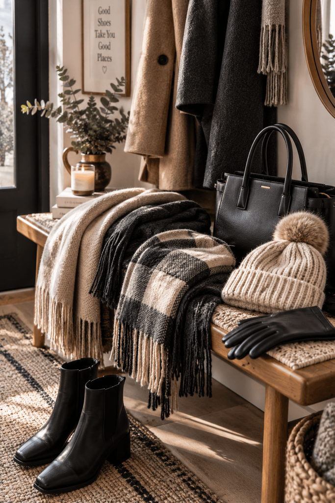 winter accessories arranged naturally on an entryway bench, wool scarves in different textures, leather gloves, knit hat, ankle boots and structured handbag, candid editorial composition, no person