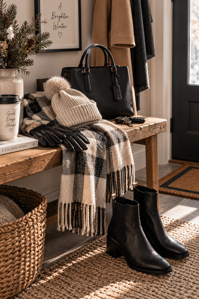 winter accessories styled naturally on an entryway bench patterned wool scarf leather gloves ribbed knit hat dark ankle boots and structured handbagcompositi
