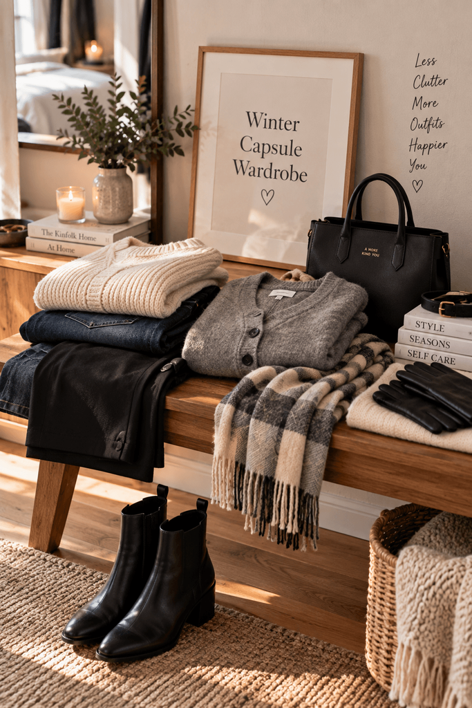 winter capsule wardrobe outfit combinations arranged naturally on a wooden bench, dark denim, black trousers, cream knit sweater, gray cardigan, wool scarf, ankle boots and structured handbag, editorial flat-lay mixed with realistic lived-in details, no people