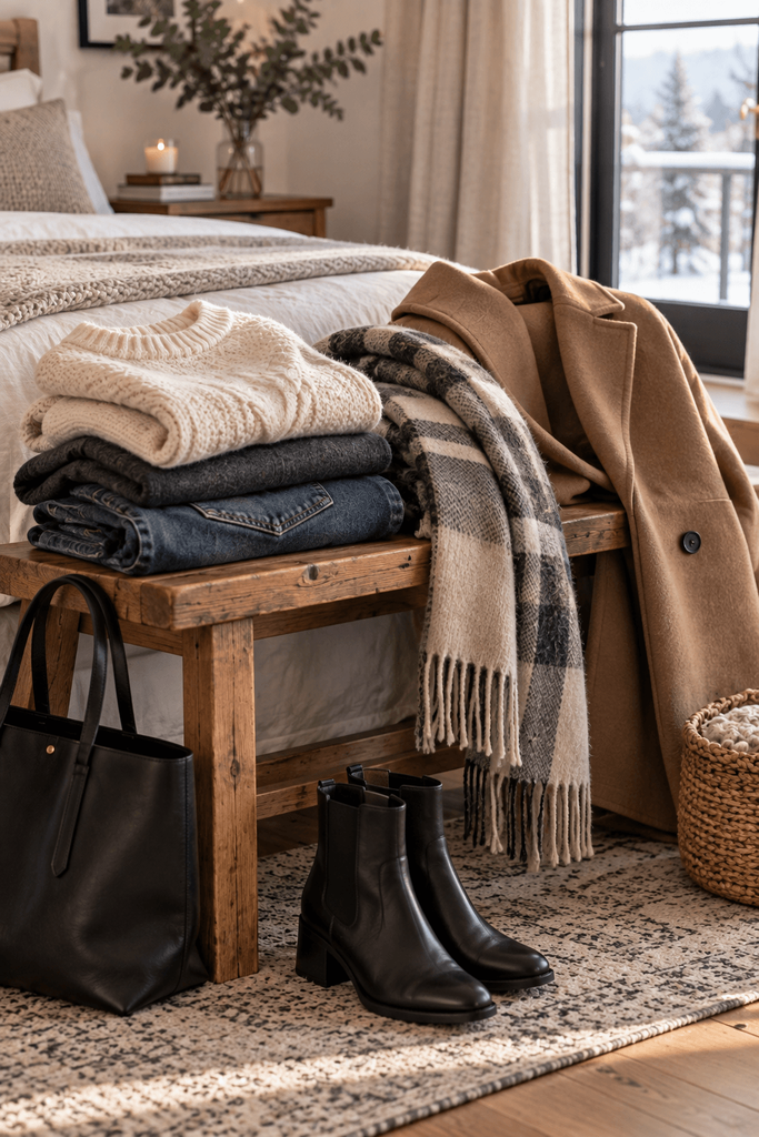 winter capsule wardrobe pieces naturally arranged on a wooden bedroom bench, cream knit sweater, charcoal trousers, dark denim, wool scarf, leather boots and structured coat, slightly imperfect lived-in arrangement, editorial fashion photography, no people
