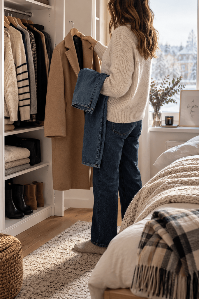 faceless woman from shoulders down standing beside an open wardrobe on a winter morning, choosing between a wool coat, knit sweater and straight-leg jeans, realistic lived-in bedroom, natural daylight, editorial lifestyle photography, no visible face