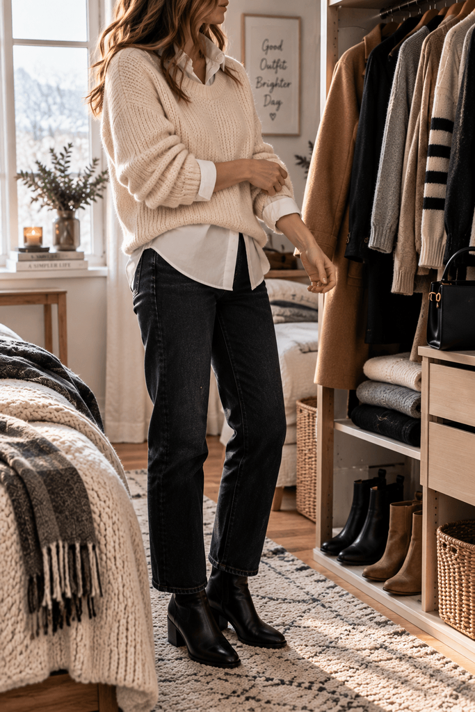 woman shown from shoulders down layering a cream knit sweater over a white button-down shirt beside an open wardrobe, dark jeans and ankle boots nearby, winter daylight, natural home setting, realistic editorial lifestyle photography